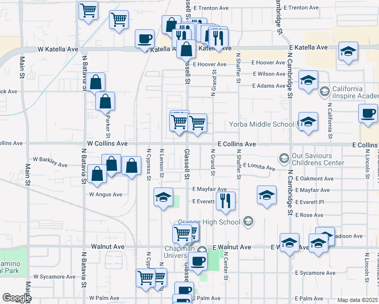 map of restaurants, bars, coffee shops, grocery stores, and more near 159 West Collins Avenue in Orange