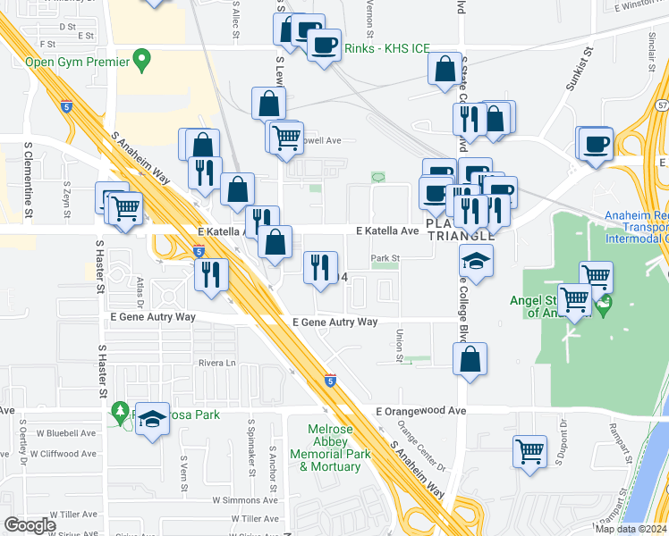 map of restaurants, bars, coffee shops, grocery stores, and more near 1030 East Katella Avenue in Anaheim