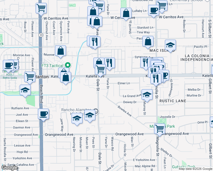 map of restaurants, bars, coffee shops, grocery stores, and more near 8612 Katella Avenue in Garden Grove