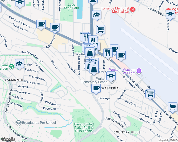 map of restaurants, bars, coffee shops, grocery stores, and more near 24241 Hawthorne Boulevard in Torrance