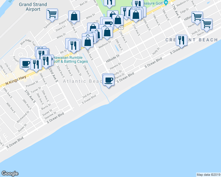 map of restaurants, bars, coffee shops, grocery stores, and more near 2700 South Ocean Boulevard in North Myrtle Beach