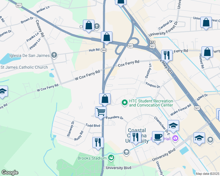 map of restaurants, bars, coffee shops, grocery stores, and more near 1854 Juniper Drive in Conway