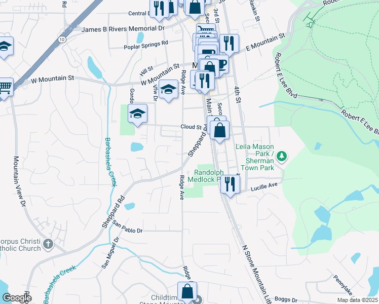 map of restaurants, bars, coffee shops, grocery stores, and more near 834 Ridge Avenue in Stone Mountain