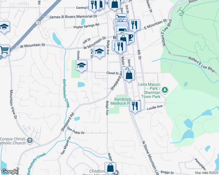map of restaurants, bars, coffee shops, grocery stores, and more near 834 Ridge Avenue in Stone Mountain
