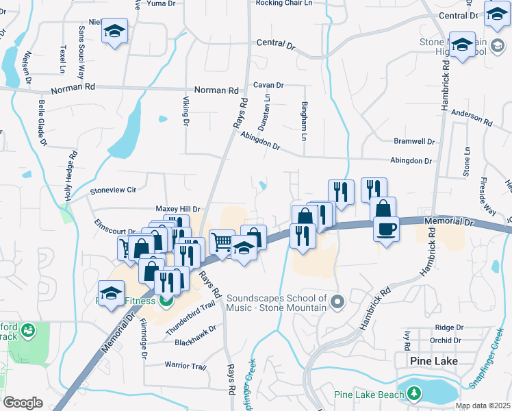 map of restaurants, bars, coffee shops, grocery stores, and more near 813 Rays Court in Stone Mountain