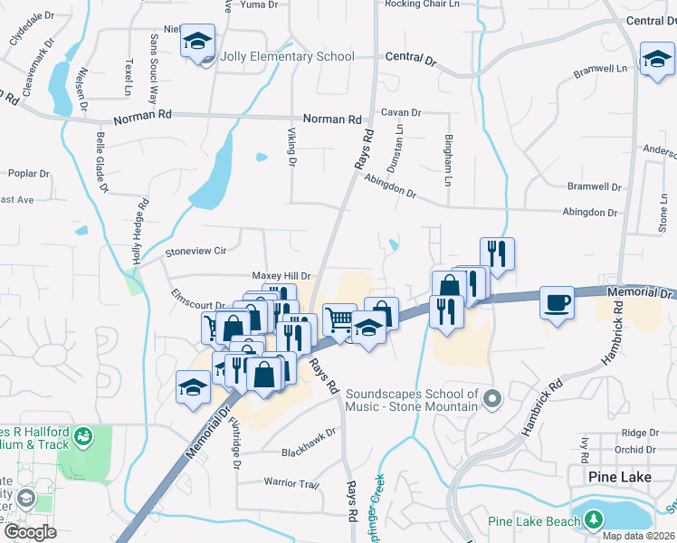 map of restaurants, bars, coffee shops, grocery stores, and more near 805 Rays Court in Stone Mountain