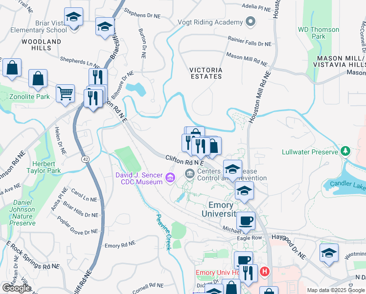 map of restaurants, bars, coffee shops, grocery stores, and more near 1823 Emory Point Drive in Atlanta