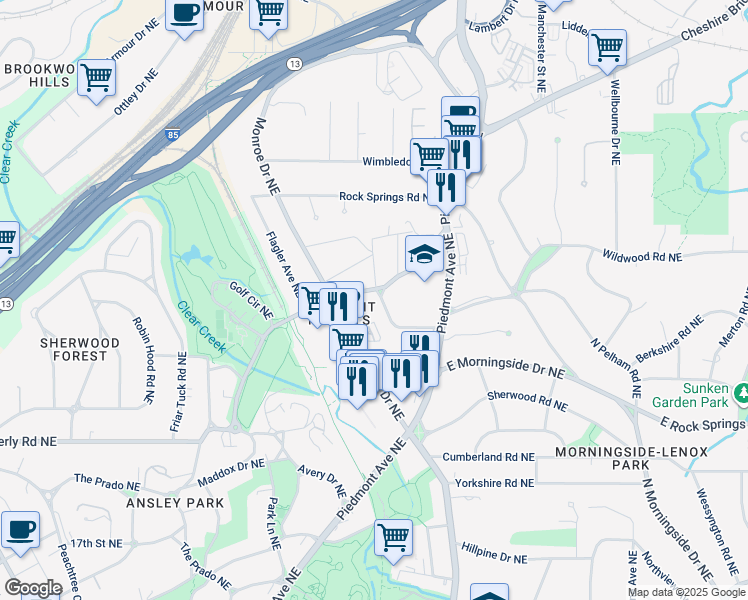map of restaurants, bars, coffee shops, grocery stores, and more near 510 Montgomery Ferry Road Northeast in Atlanta