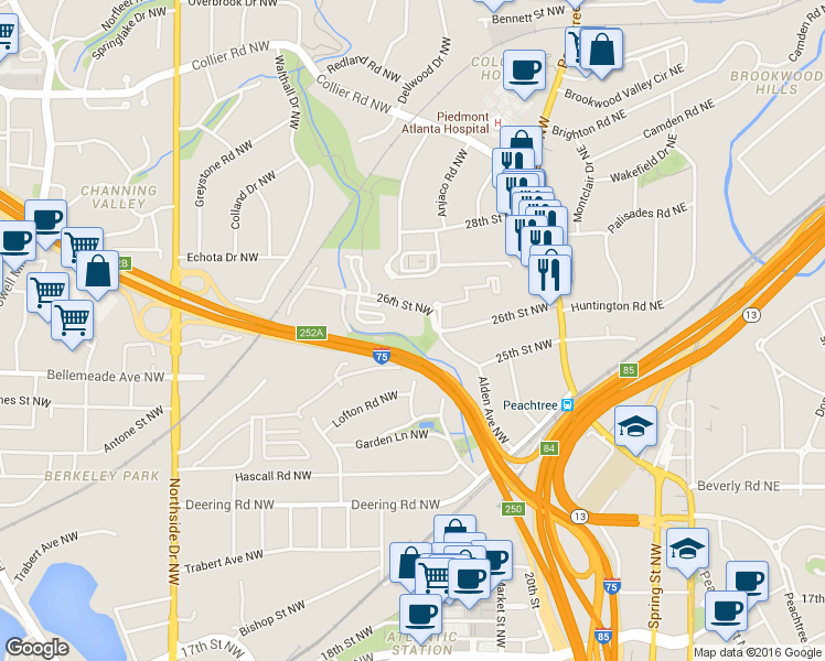 map of restaurants, bars, coffee shops, grocery stores, and more near 130 26th Street Northwest in Atlanta