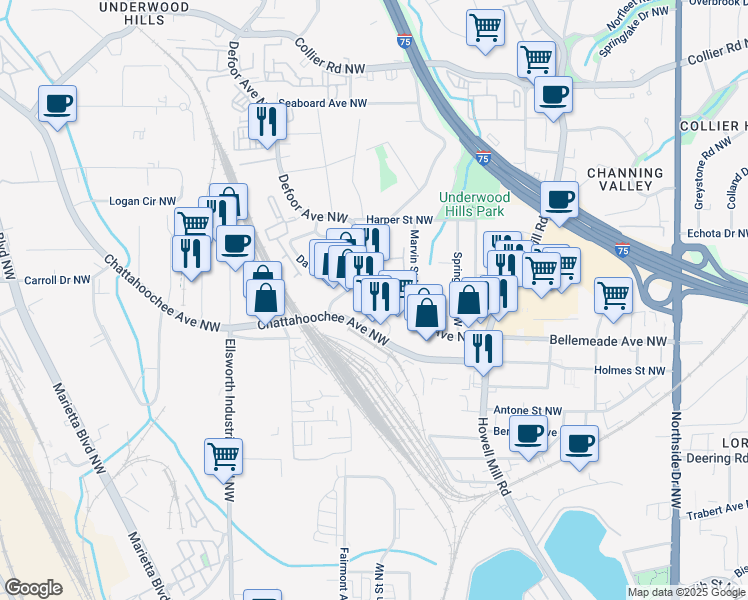 map of restaurants, bars, coffee shops, grocery stores, and more near 1740 Defoor Place Northwest in Atlanta