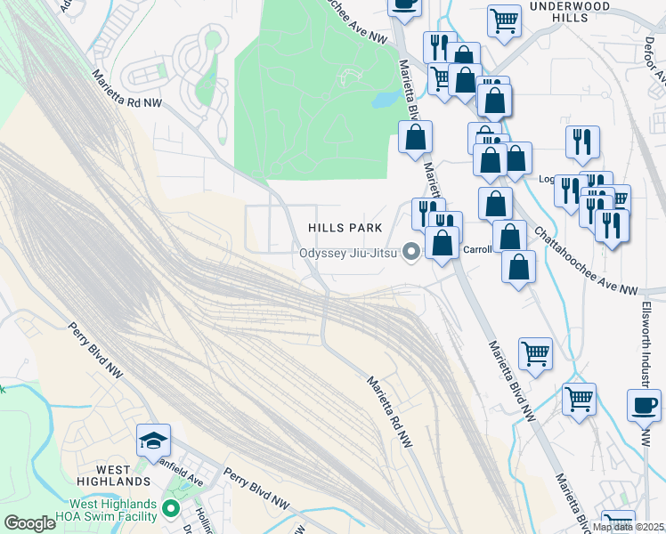 map of restaurants, bars, coffee shops, grocery stores, and more near 1671 Laurel Avenue Northwest in Atlanta