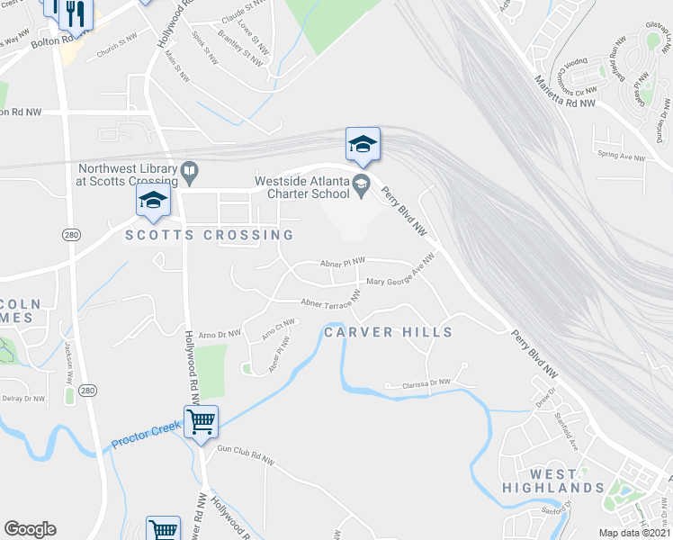 map of restaurants, bars, coffee shops, grocery stores, and more near 2302 Abner Place Northwest in Atlanta