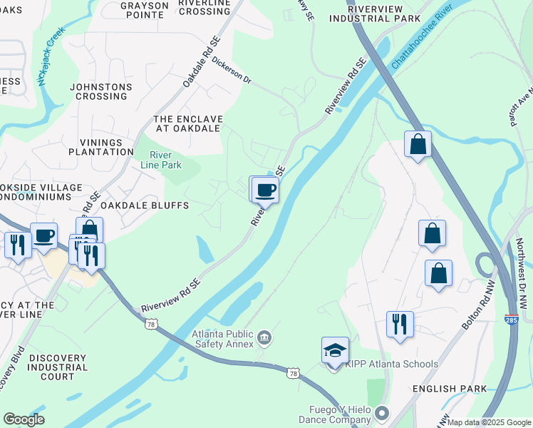 map of restaurants, bars, coffee shops, grocery stores, and more near 6160 Riverview Road Southeast in Mableton