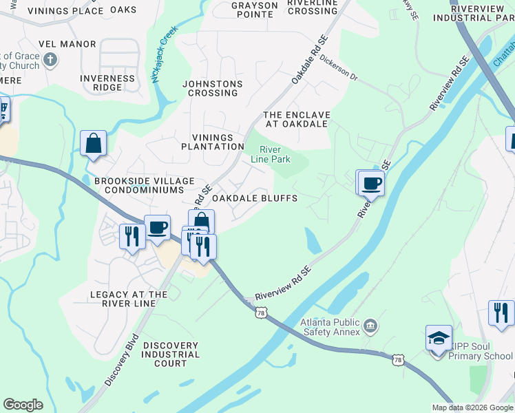 map of restaurants, bars, coffee shops, grocery stores, and more near 6102 Indian Wood Circle in Mableton