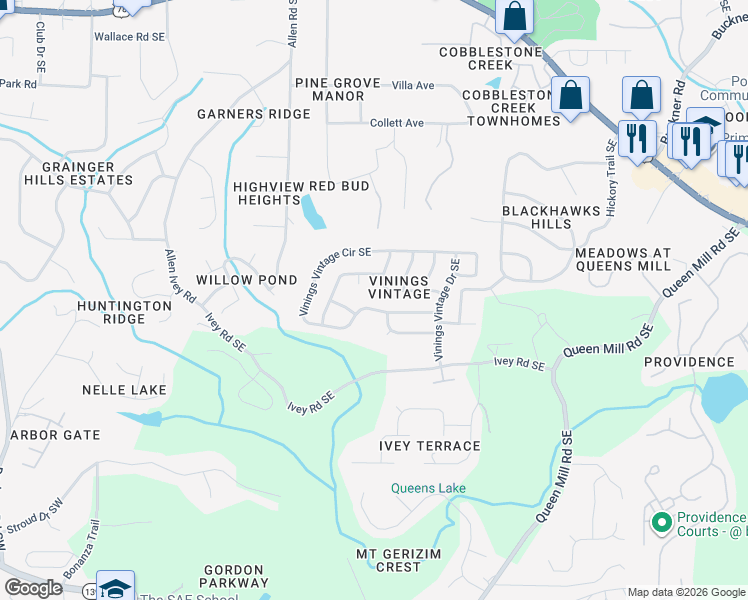 map of restaurants, bars, coffee shops, grocery stores, and more near 324 Vinings Vintage Circle Southeast in Mableton