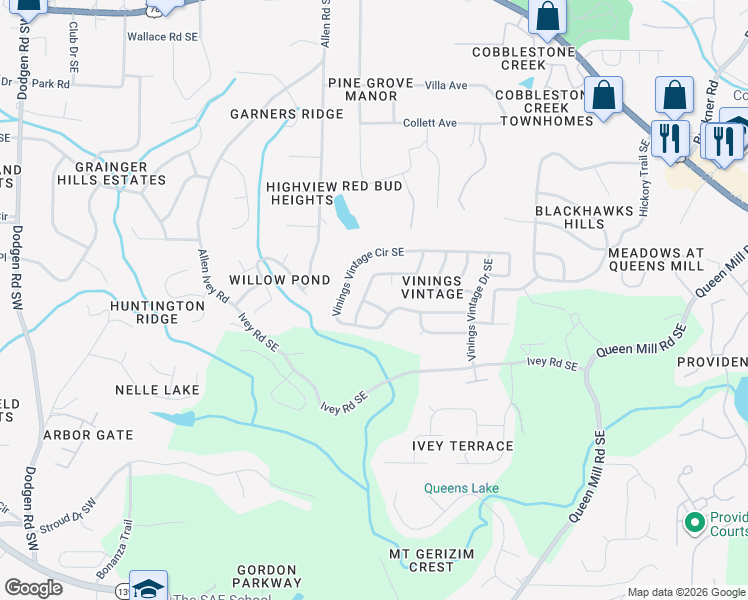 map of restaurants, bars, coffee shops, grocery stores, and more near 379 Vine Mountain Way in Mableton