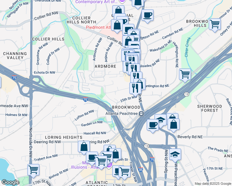 map of restaurants, bars, coffee shops, grocery stores, and more near 80 26th Street Northwest in Atlanta