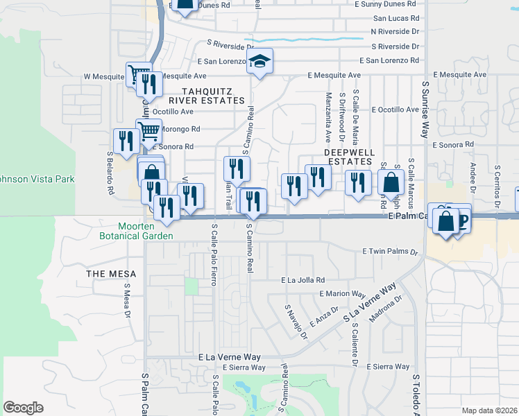 map of restaurants, bars, coffee shops, grocery stores, and more near 870 East Palm Canyon Drive in Palm Springs