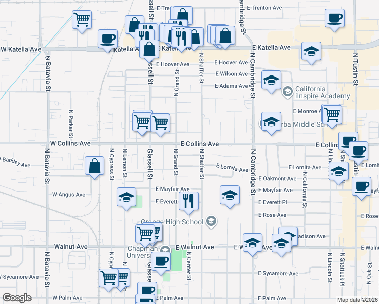 map of restaurants, bars, coffee shops, grocery stores, and more near 347 East Barkley Avenue in Orange