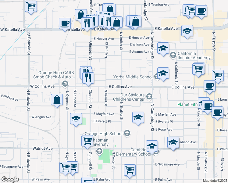 map of restaurants, bars, coffee shops, grocery stores, and more near 347 East Barkley Avenue in Orange