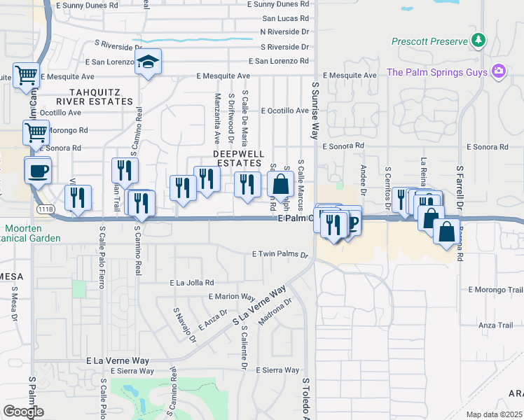 map of restaurants, bars, coffee shops, grocery stores, and more near 1631 Palm Tree Drive in Palm Springs