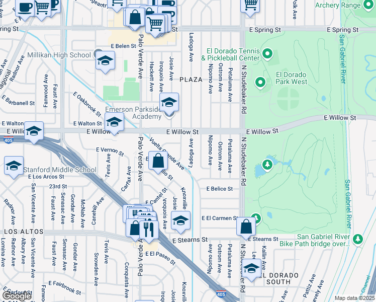 map of restaurants, bars, coffee shops, grocery stores, and more near 2537 Ladoga Avenue in Long Beach