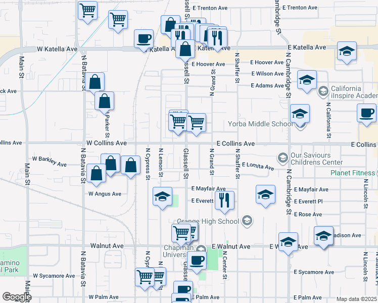 map of restaurants, bars, coffee shops, grocery stores, and more near 159 West Collins Avenue in Orange