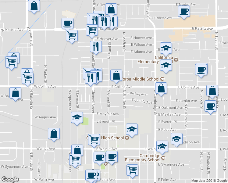 map of restaurants, bars, coffee shops, grocery stores, and more near 331 East Barkley Avenue in Orange