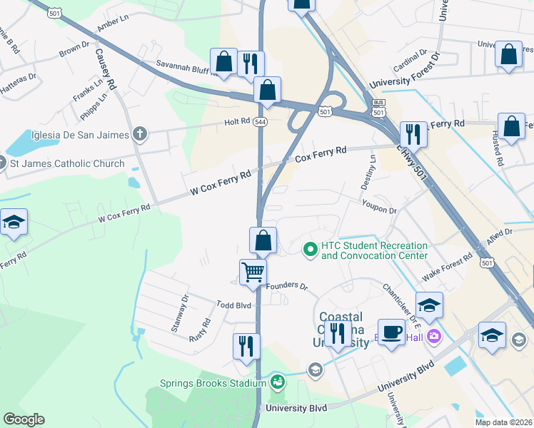map of restaurants, bars, coffee shops, grocery stores, and more near 3555 South Carolina 544 in Conway