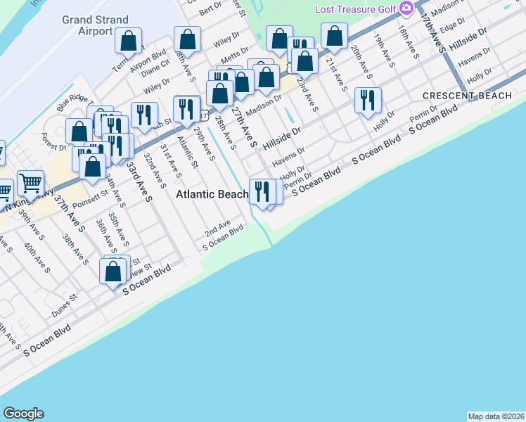 map of restaurants, bars, coffee shops, grocery stores, and more near 305 28th Avenue South in North Myrtle Beach