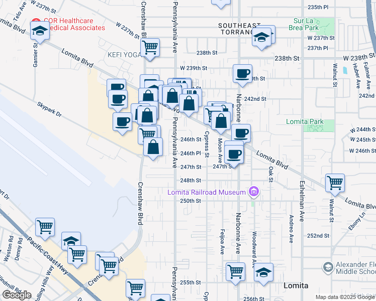 map of restaurants, bars, coffee shops, grocery stores, and more near 2347 246th Place in Lomita