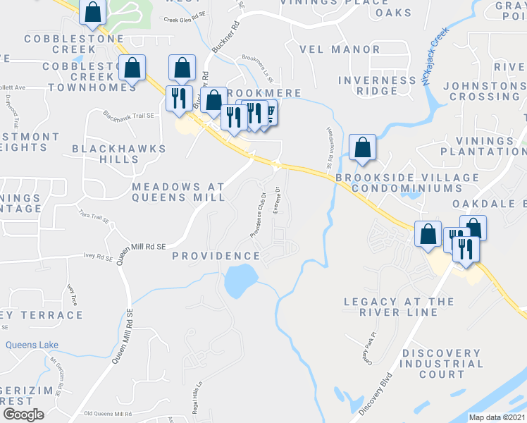 map of restaurants, bars, coffee shops, grocery stores, and more near 6233 Providence Club Drive in Mableton