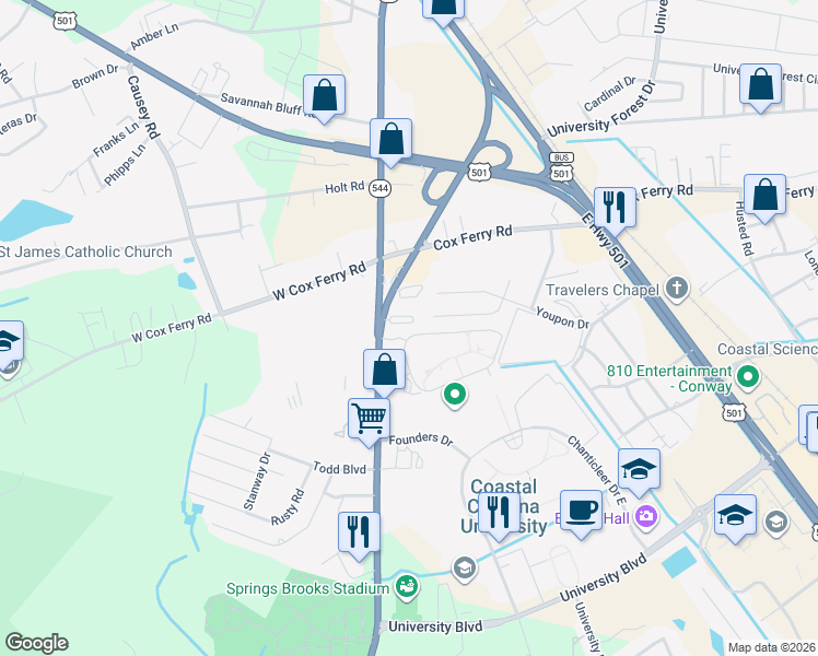 map of restaurants, bars, coffee shops, grocery stores, and more near 3555 South Carolina 544 in Conway