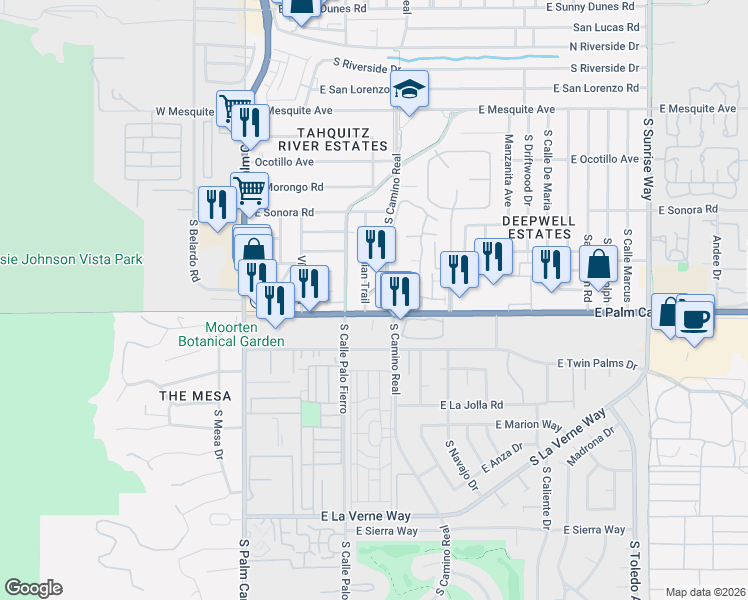 map of restaurants, bars, coffee shops, grocery stores, and more near 780 East Palm Canyon Drive in Palm Springs