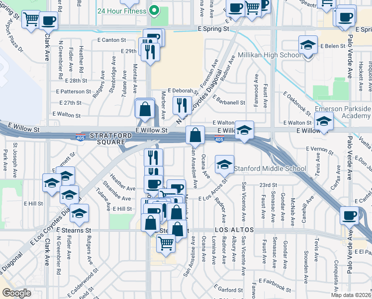 map of restaurants, bars, coffee shops, grocery stores, and more near 5650 East Vernon Street in Long Beach