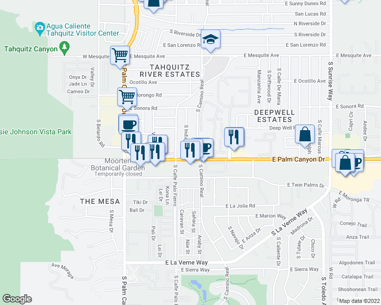 map of restaurants, bars, coffee shops, grocery stores, and more near 780 East Palm Canyon Drive in Palm Springs