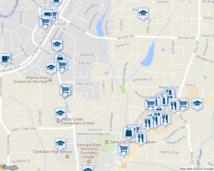 map of restaurants, bars, coffee shops, grocery stores, and more near 3858 Lagoon Way in Stone Mountain