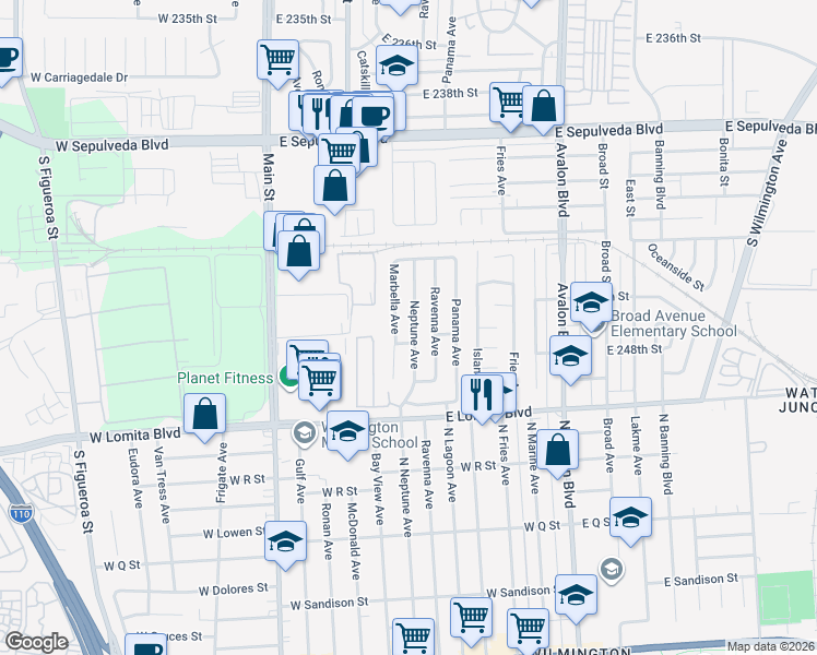 map of restaurants, bars, coffee shops, grocery stores, and more near 24613 Neptune Avenue in Carson