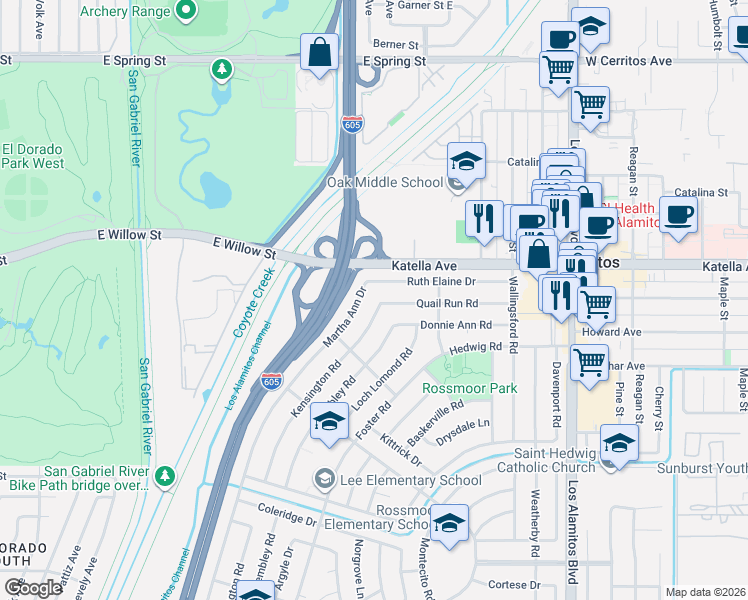 map of restaurants, bars, coffee shops, grocery stores, and more near 11121 Kensington Road in Los Alamitos