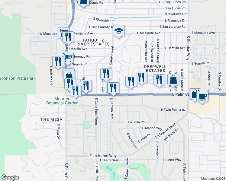 map of restaurants, bars, coffee shops, grocery stores, and more near 840 East Palm Canyon Drive in Palm Springs