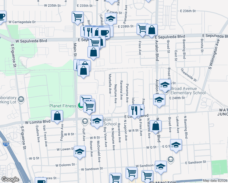 map of restaurants, bars, coffee shops, grocery stores, and more near 24613 Neptune Avenue in Carson