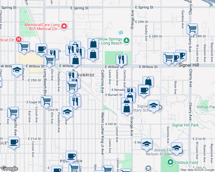 map of restaurants, bars, coffee shops, grocery stores, and more near 2480 California Avenue in Signal Hill
