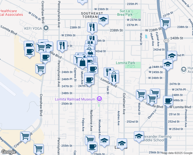 map of restaurants, bars, coffee shops, grocery stores, and more near 24520 Woodward Avenue in Lomita