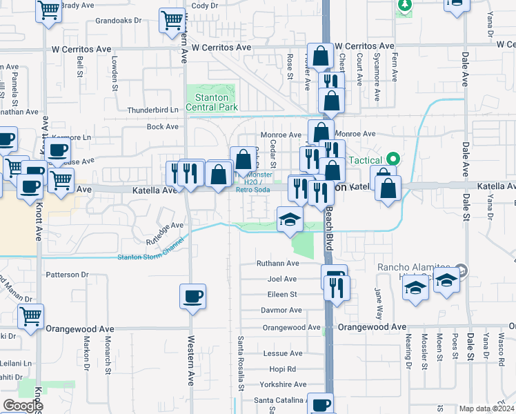 map of restaurants, bars, coffee shops, grocery stores, and more near 15 Orchid Court in Stanton