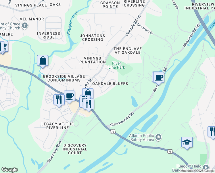 map of restaurants, bars, coffee shops, grocery stores, and more near 6102 Indian Wood Circle in Mableton