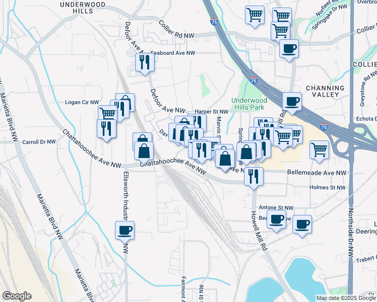 map of restaurants, bars, coffee shops, grocery stores, and more near 1735 Defoor Place Northwest in Atlanta