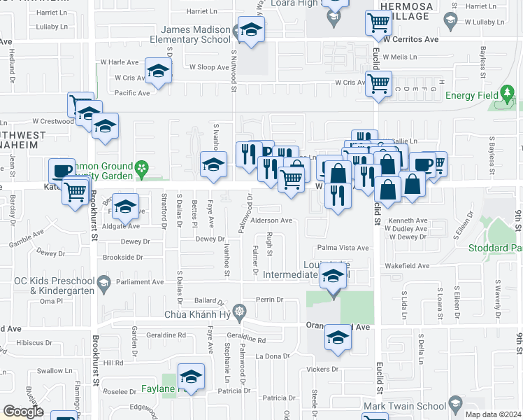 map of restaurants, bars, coffee shops, grocery stores, and more near 10602 Tibbs Circle in Garden Grove