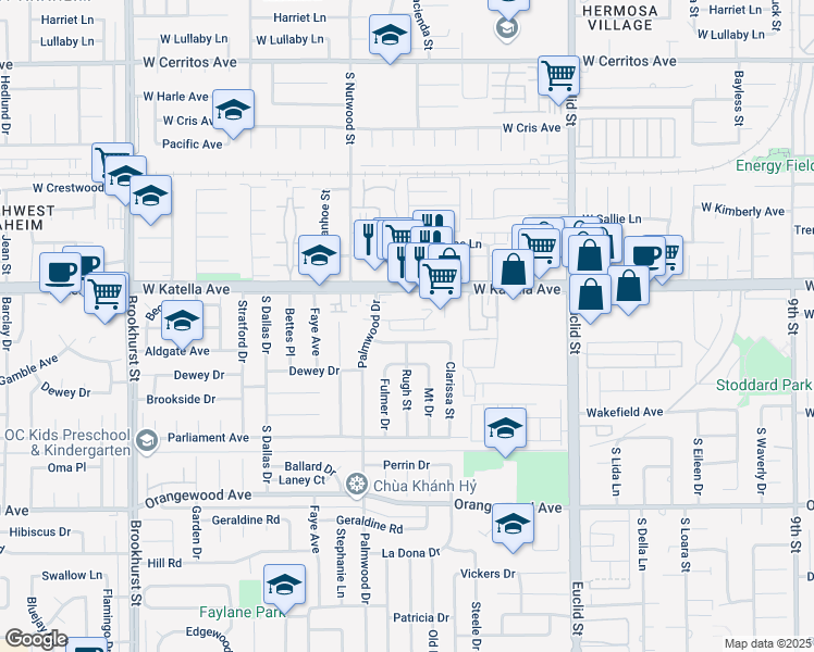 map of restaurants, bars, coffee shops, grocery stores, and more near 10622 Tibbs Circle in Garden Grove