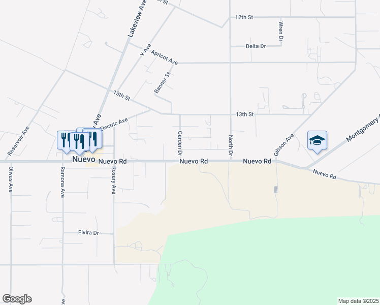 map of restaurants, bars, coffee shops, grocery stores, and more near 30143 Merrell Avenue in Nuevo