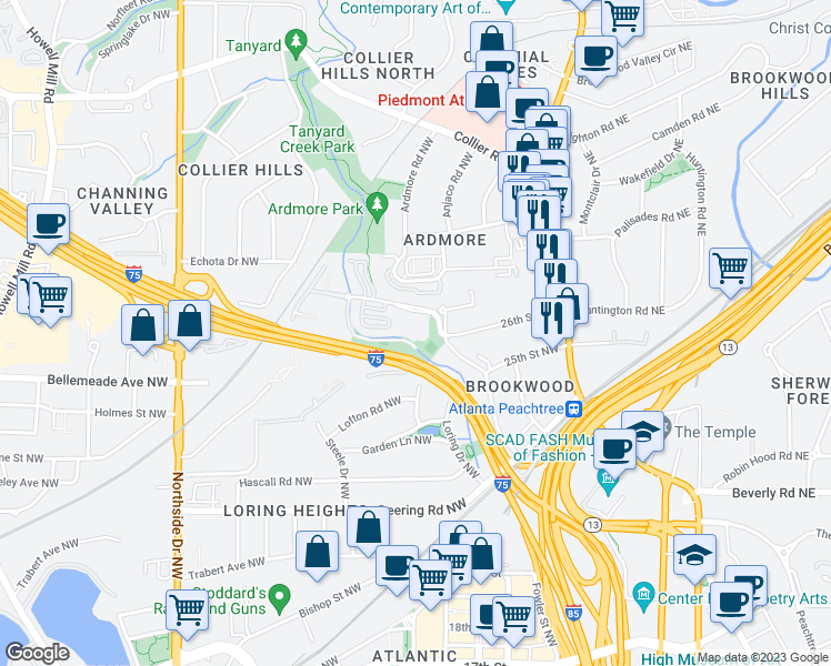 map of restaurants, bars, coffee shops, grocery stores, and more near 130 26th Street Northwest in Atlanta